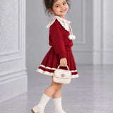 LSB Maroon Ruffle-Collar Sweater & Pleated Skirt with Bow Pom-Pom Clip, Winterwear 2 Pcs Set for Girls