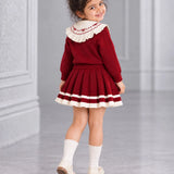 LSB Maroon Ruffle-Collar Sweater & Pleated Skirt with Bow Pom-Pom Clip, Winterwear 2 Pcs Set for Girls