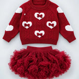 LSB Maroon Heart & Bow Sweater with Fluffy Ruffle Skirt, Winterwear, 2 Pcs Set for Girls