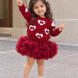 LSB Maroon Heart & Bow Sweater with Fluffy Ruffle Skirt, Winterwear, 2 Pcs Set for Girls