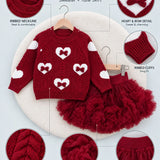LSB Maroon Heart & Bow Sweater with Fluffy Ruffle Skirt, Winterwear, 2 Pcs Set for Girls