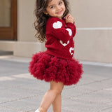 LSB Maroon Heart & Bow Sweater with Fluffy Ruffle Skirt, Winterwear, 2 Pcs Set for Girls
