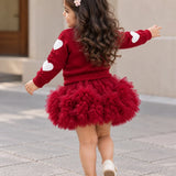 LSB Maroon Heart & Bow Sweater with Fluffy Ruffle Skirt, Winterwear, 2 Pcs Set for Girls