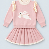 LSB Peach Bunny Sweater & Pleated Skirt, Winterwear 2 Pcs Set for Girls