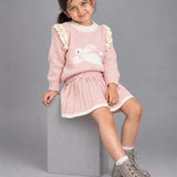LSB Peach Bunny Sweater & Pleated Skirt, Winterwear 2 Pcs Set for Girls