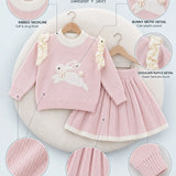 LSB Peach Bunny Sweater & Pleated Skirt, Winterwear 2 Pcs Set for Girls