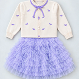 LSB Ivory Horse Sweater & Purple Ruffle Skirt with Detachable Bow Clip, Winterwear 2 Pcs Set for Girls