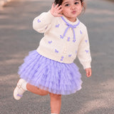 LSB Ivory Horse Sweater & Purple Ruffle Skirt with Detachable Bow Clip, Winterwear 2 Pcs Set for Girls