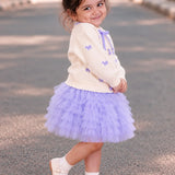 LSB Ivory Horse Sweater & Purple Ruffle Skirt with Detachable Bow Clip, Winterwear 2 Pcs Set for Girls