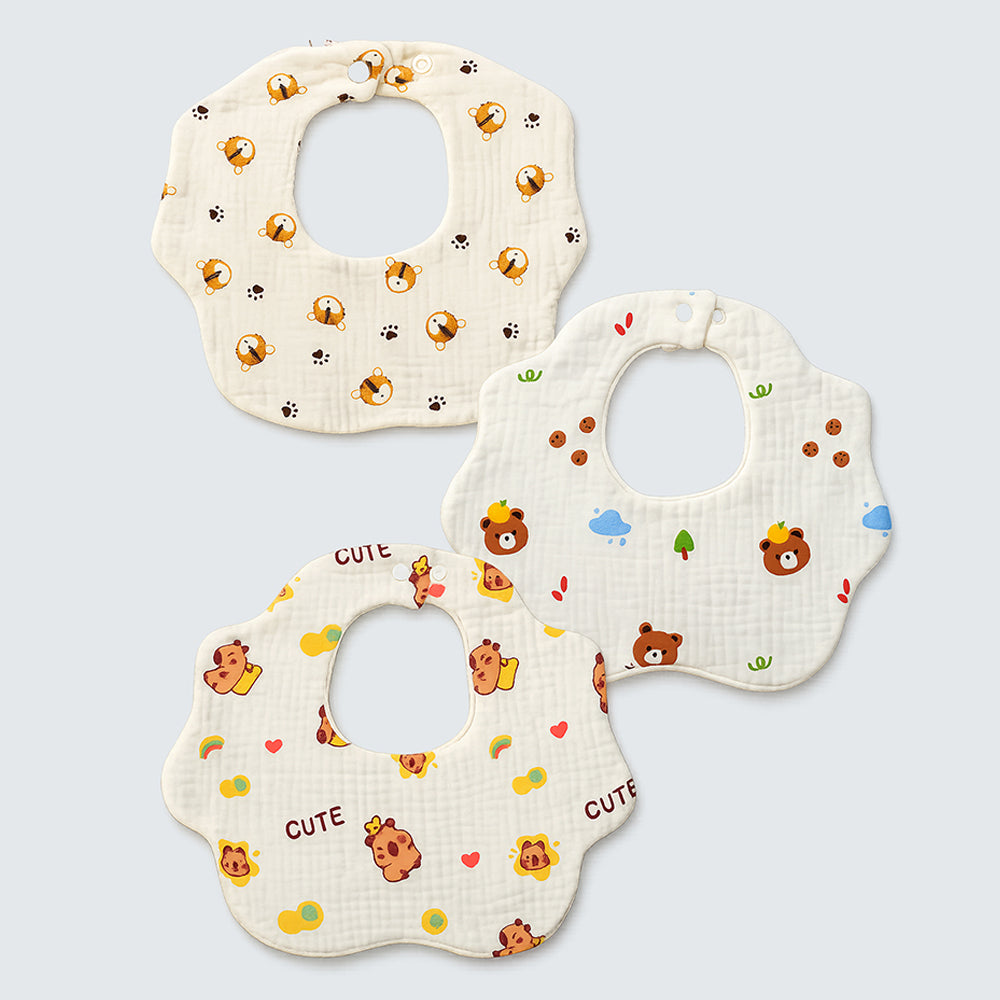 LSB 3PCS Set cream multi Print Soft Muslin Adjustable Button Closure & Wide Shoulder Size Bibs