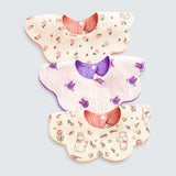 LSB 3PCS Set Pink Purple Print Soft Muslin Adjustable Button Closure & Wide Shoulder Size Bibs