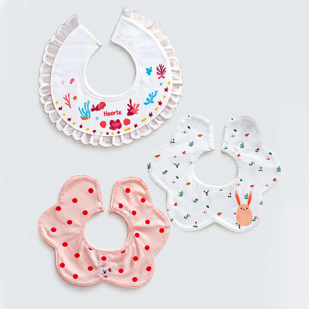 LSB 3PCS Set, Polka Rabbit Print Premium Adjustable Button Closure & Wide Shoulder Size Bibs
