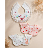 LSB 3PCS Set, Polka Rabbit Print Premium Adjustable Button Closure & Wide Shoulder Size Bibs