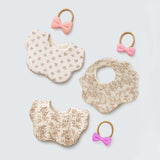 LSB 3PCS Squirrel & Leaf Print Petal style muslin Bibs Set with Bow rubber band, Muslin Adjustable Button Closure & Wide Shoulder Size Bibs