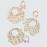 LSB 3PCS Squirrel & Leaf Print Petal style muslin Bibs Set with Bow rubber band, Muslin Adjustable Button Closure & Wide Shoulder Size Bibs