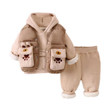 3 Pcs Winter Set, Beige Brown Paw, Hoodie, tshirt & Pants for Kids, Winterwear
