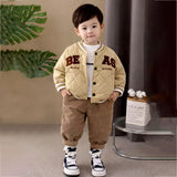 3 Pcs Set, Beige beas Puffer Quilted Jacket, with T-shirt & Pants for Kids, Winterwear