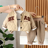 3 Pcs Set, Beige beas Puffer Quilted Jacket, with T-shirt & Pants for Kids, Winterwear