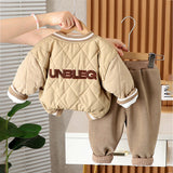 3 Pcs Set, Beige beas Puffer Quilted Jacket, with T-shirt & Pants for Kids, Winterwear