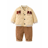 3 Pcs Set, Beige beas Puffer Quilted Jacket, with T-shirt & Pants for Kids, Winterwear