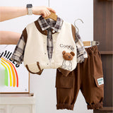 3 Pcs Set,Beige Teddy Knitted Vest,Checkered Shirt,& Pants for Kids