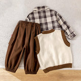 3 Pcs Set,Beige Teddy Knitted Vest,Checkered Shirt,& Pants for Kids