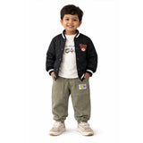 3 Pcs Set, Black Bear Quilted Jacket, T-shirt & Pants set for Kids, Winterwear