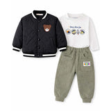 3 Pcs Set, Black Bear Quilted Jacket, T-shirt & Pants set for Kids, Winterwear