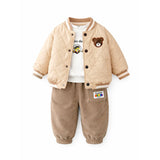 3 Pcs Set, Brown Bear Quilted Jacket, T-shirt & Pants set for Kids, Winterwear