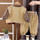 3 Pcs,Brown Happy Ted Vest,Brown Stripes Shirt,Pants set for Kids