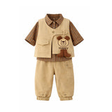 3 Pcs,Brown Happy Ted Vest,Brown Stripes Shirt,Pants set for Kids