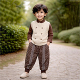 3 Pcs Set,Beige Vest with Double Button Detailing,Dark Brown Shirt & Printed Pants for Kids