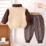 3 Pcs Set,Beige Vest with Double Button Detailing,Dark Brown Shirt & Printed Pants for Kids