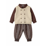 3 Pcs Set,Beige Vest with Double Button Detailing,Dark Brown Shirt & Printed Pants for Kids