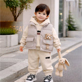 3 Pcs Set, Cream Long Ted Hoodie, Sleeveless Puffer Jacket with Pants for Kids, Winterwear