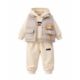 3 Pcs Set, Cream Long Ted Hoodie, Sleeveless Puffer Jacket with Pants for Kids, Winterwear