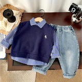 3 Pcs Set,Navy Horse Blue Sweater Vest,Checkered Shirt & Denims set for Kids