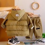 3 Pcs Set, Olive Long Ted Hoodie, Sleeveless Puffer Jacket with Pants for Kids, Winterwear