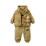 3 Pcs Set, Olive Long Ted Hoodie, Sleeveless Puffer Jacket with Pants for Kids, Winterwear