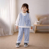 3 Pcs Set Blue Side Bow Jacket,Shirt & Matching Pants Partywear set for Girls