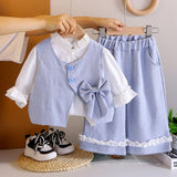 3 Pcs Set Blue Side Bow Jacket,Shirt & Matching Pants Partywear set for Girls