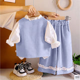 3 Pcs Set Blue Side Bow Jacket,Shirt & Matching Pants Partywear set for Girls