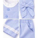 3 Pcs Set Blue Side Bow Jacket,Shirt & Matching Pants Partywear set for Girls