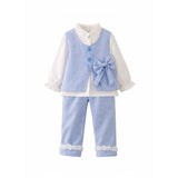3 Pcs Set Blue Side Bow Jacket,Shirt & Matching Pants Partywear set for Girls