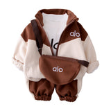 3 Pcs Set, Brown & Cream Tracksuit with and matching Sling Bag for Kids