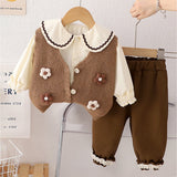3 Pcs Set Brown crochet Knitted Vest,with White Shirt & Matching Pants Partwear set for Kids