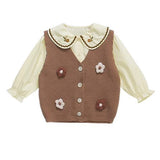 3 Pcs Set Brown crochet Knitted Vest,with White Shirt & Matching Pants Partwear set for Kids