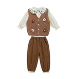 3 Pcs Set Brown crochet Knitted Vest,with White Shirt & Matching Pants Partwear set for Kids