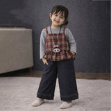 3 Pcs Set,Brown Checkered Peplum-Top,with T-shirt & Wide Leg Pants for Girls