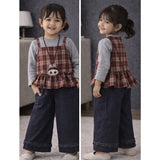 3 Pcs Set,Brown Checkered Peplum-Top,with T-shirt & Wide Leg Pants for Girls